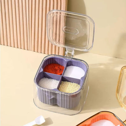 4-Compartment Plastic Spice Container Seasoning Box with Lid, Spoon, and Handle for Sugar, Nuts, Spices (Purple)