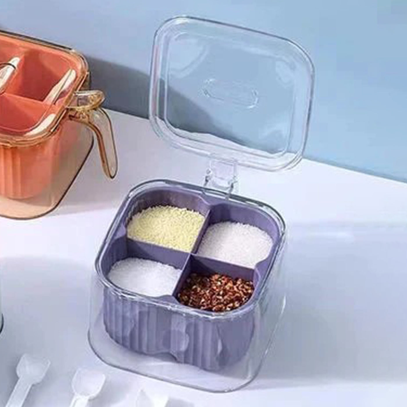 4-Compartment Plastic Spice Container Seasoning Box with Lid, Spoon, and Handle for Sugar, Nuts, Spices (Purple)