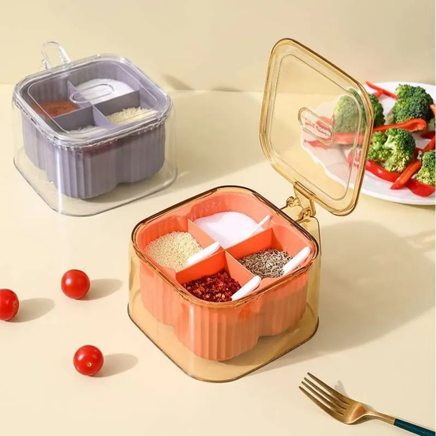 4-Compartment Plastic Spice Container Seasoning Box with Lid, Spoon, and Handle for Sugar, Nuts, Spices (Orange)