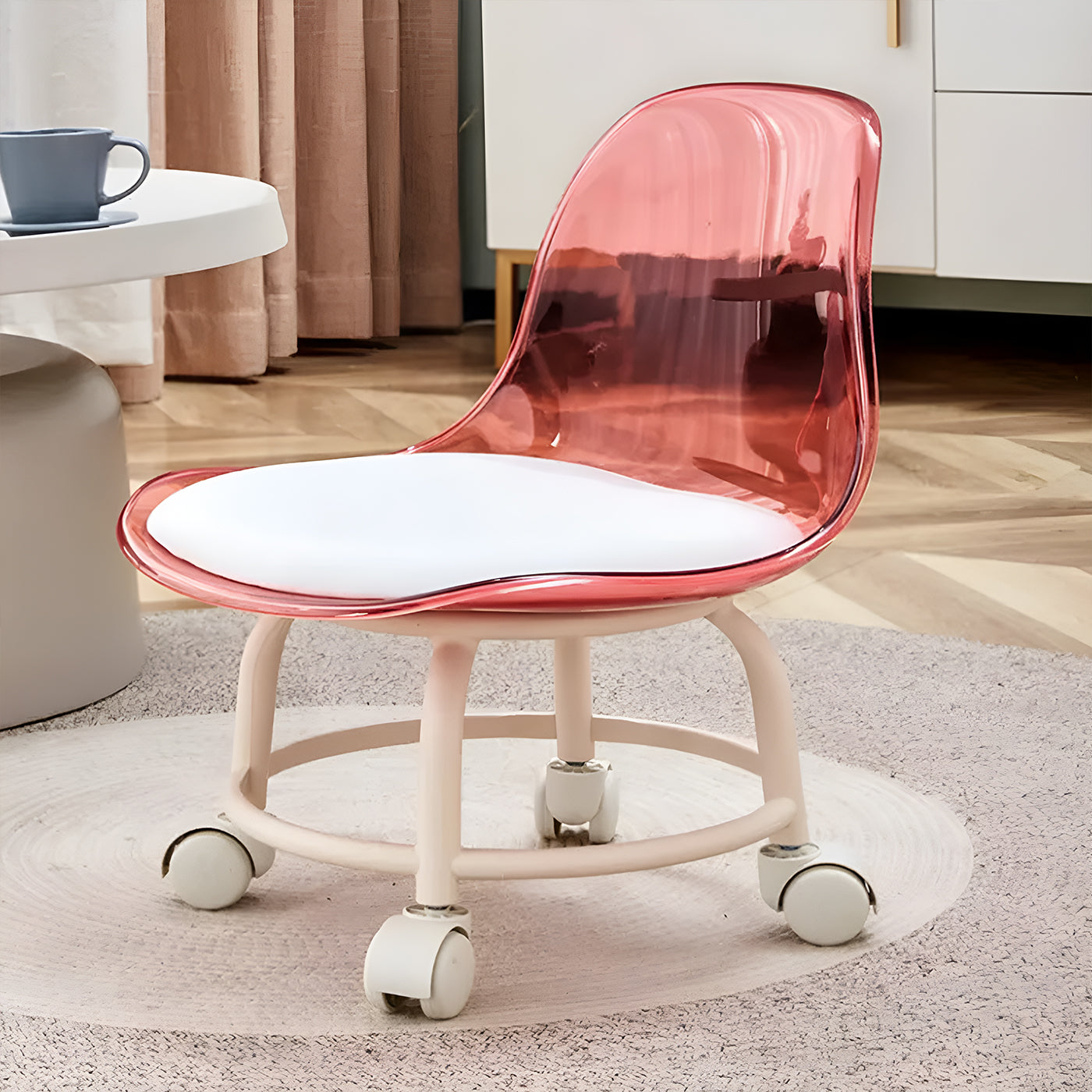 Sitting Stool with Wheels (Size: 33 * 33 * 36 cm) | Stool for Indoor Or Outdoor | Plastic Non-Slip Lightweight Stool | Chair for Office & Home (Light Pink)