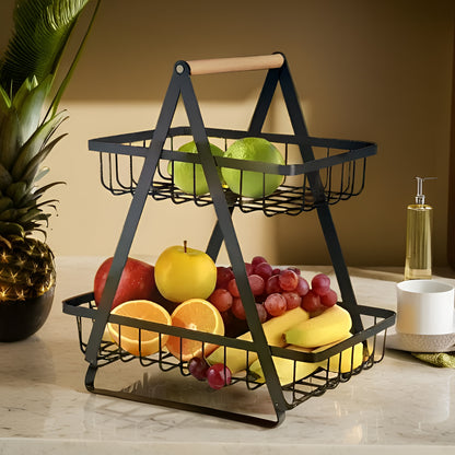 2-Tier Multifunctional Fruit Basket | Metal Fruit Holder Vegetable Basket for Kitchen Counter (Black)