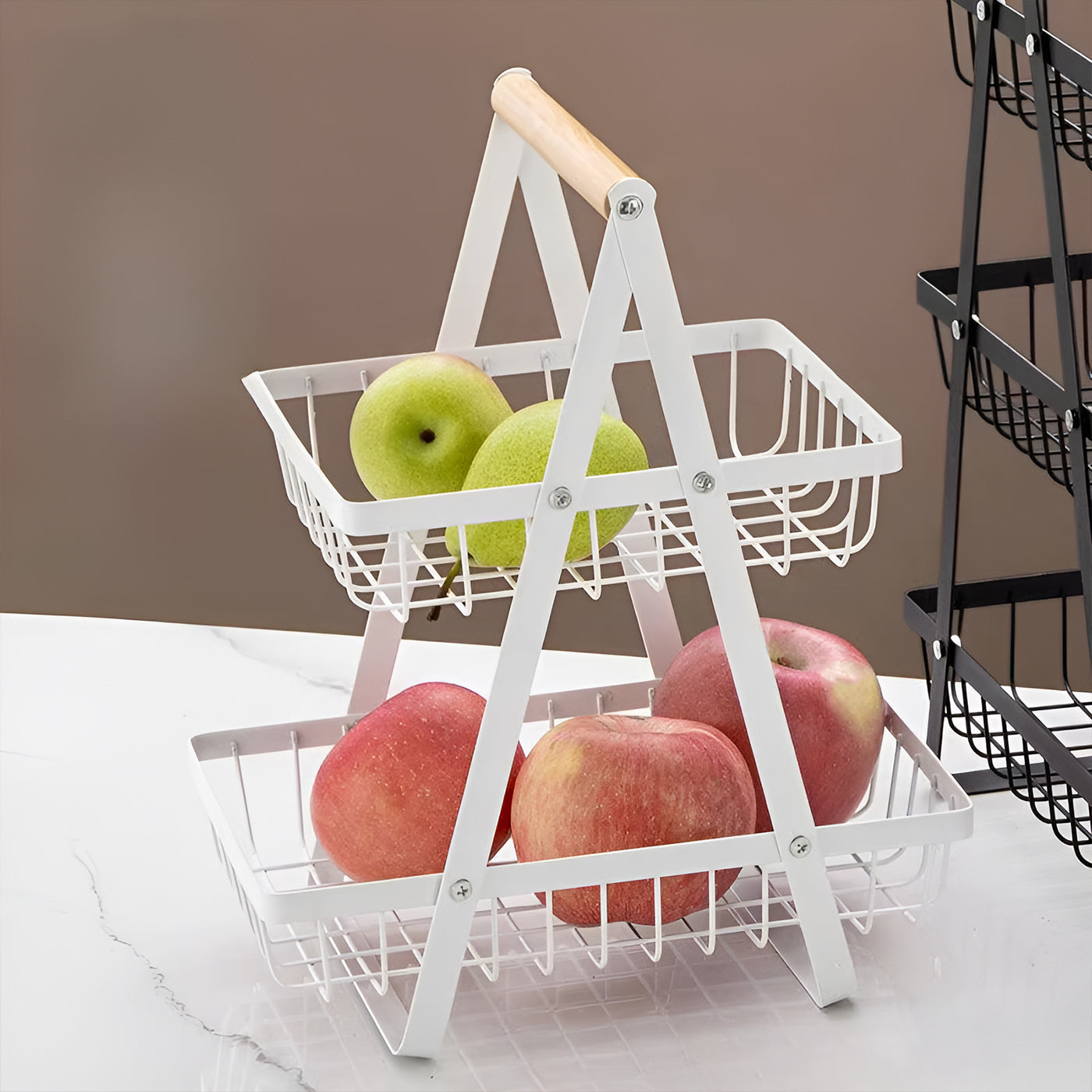 2-Tier Multifunctional Fruit Basket | Metal Fruit Holder Vegetable Basket for Kitchen Counter (White)