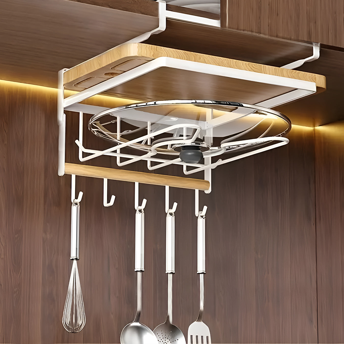 Multifunctional Kitchen Wall Organizer with Pot Lid Holder | 5 Hooks Space-Saving Utensil Hanger for Cooking, Bathroom (24cm x 19cm x27cm) White