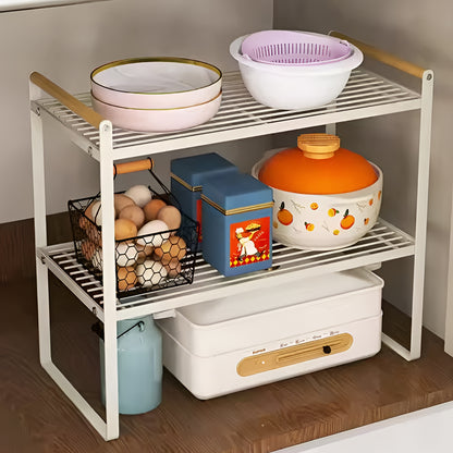 2 Tier Metal Cabinet Organizer Kitchen Storage Rack with Wooden Handles (White)