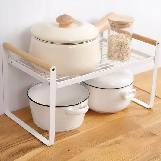 1 Tier Metal Cabinet Organizer Kitchen Storage Rack with Wooden Handles (White)