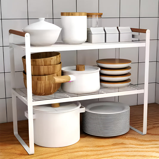 2 Tier Metal Cabinet Organizer Kitchen Storage Rack with Wooden Handles (White)