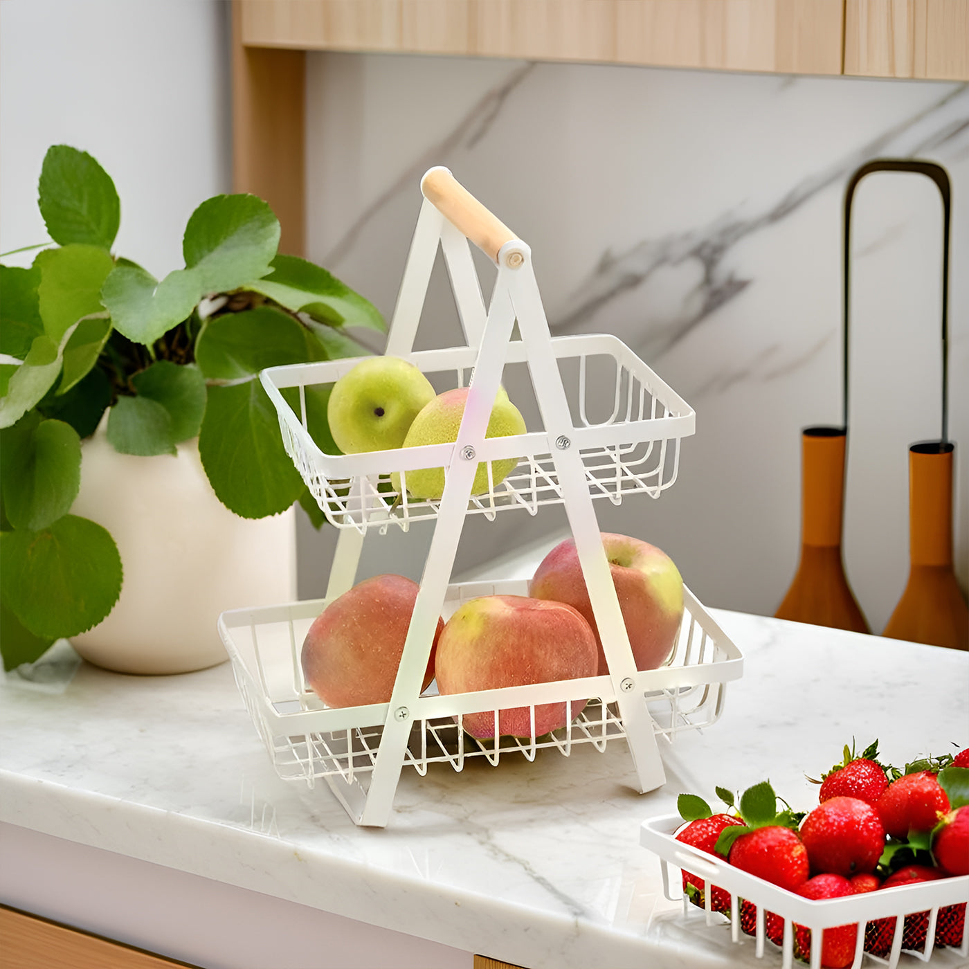 2-Tier Multifunctional Fruit Basket | Metal Fruit Holder Vegetable Basket for Kitchen Counter (White)