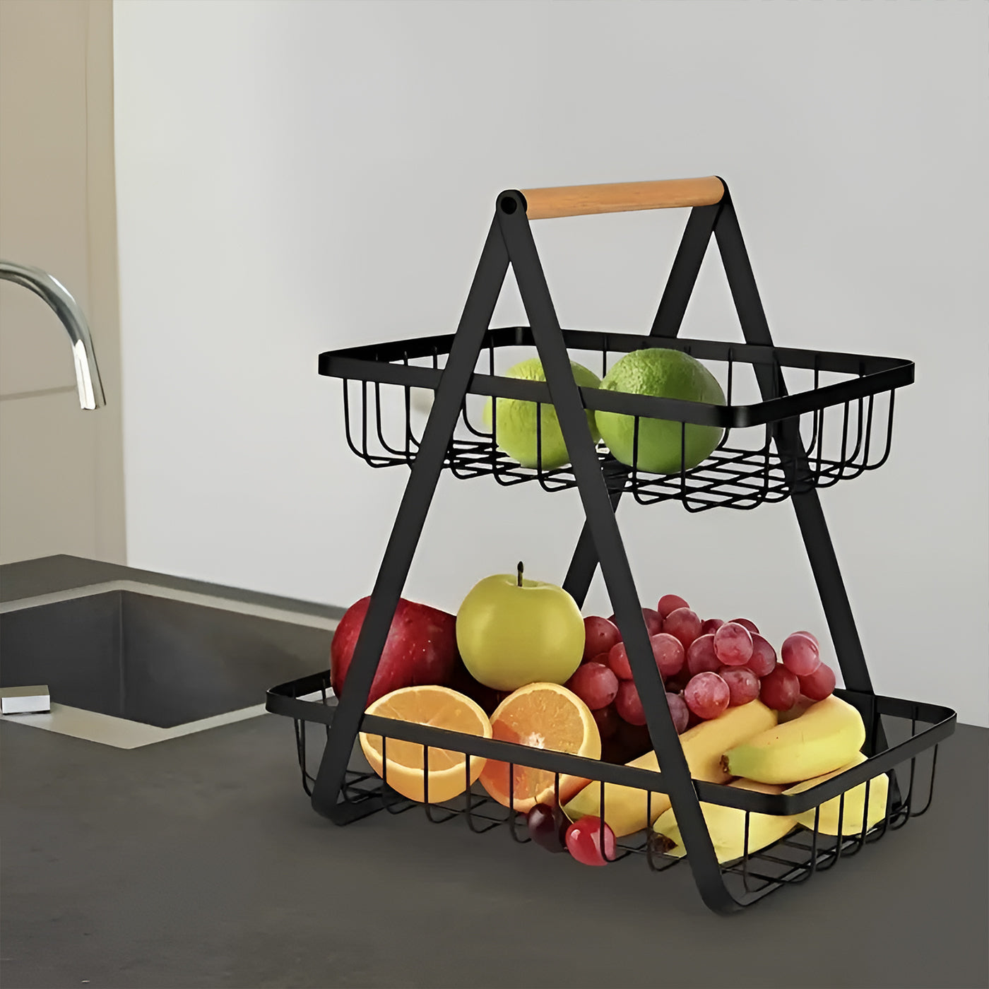 2-Tier Multifunctional Fruit Basket | Metal Fruit Holder Vegetable Basket for Kitchen Counter (Black)