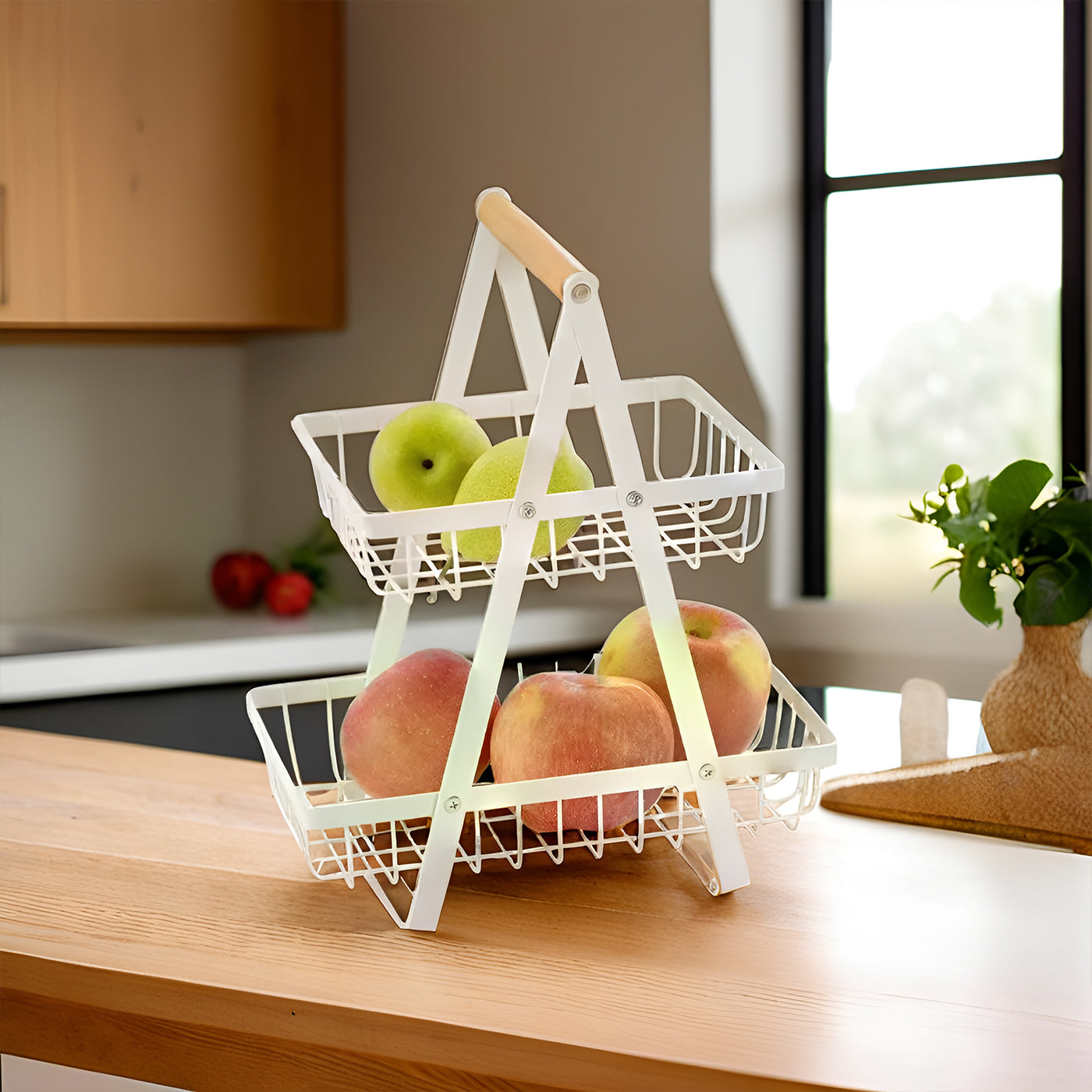 2-Tier Multifunctional Fruit Basket | Metal Fruit Holder Vegetable Basket for Kitchen Counter (White)