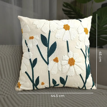 Cotton Cushion Cover | Knitted Throw Pillow Case 45 x 45 cm | Soft & Stylish (White Flower)