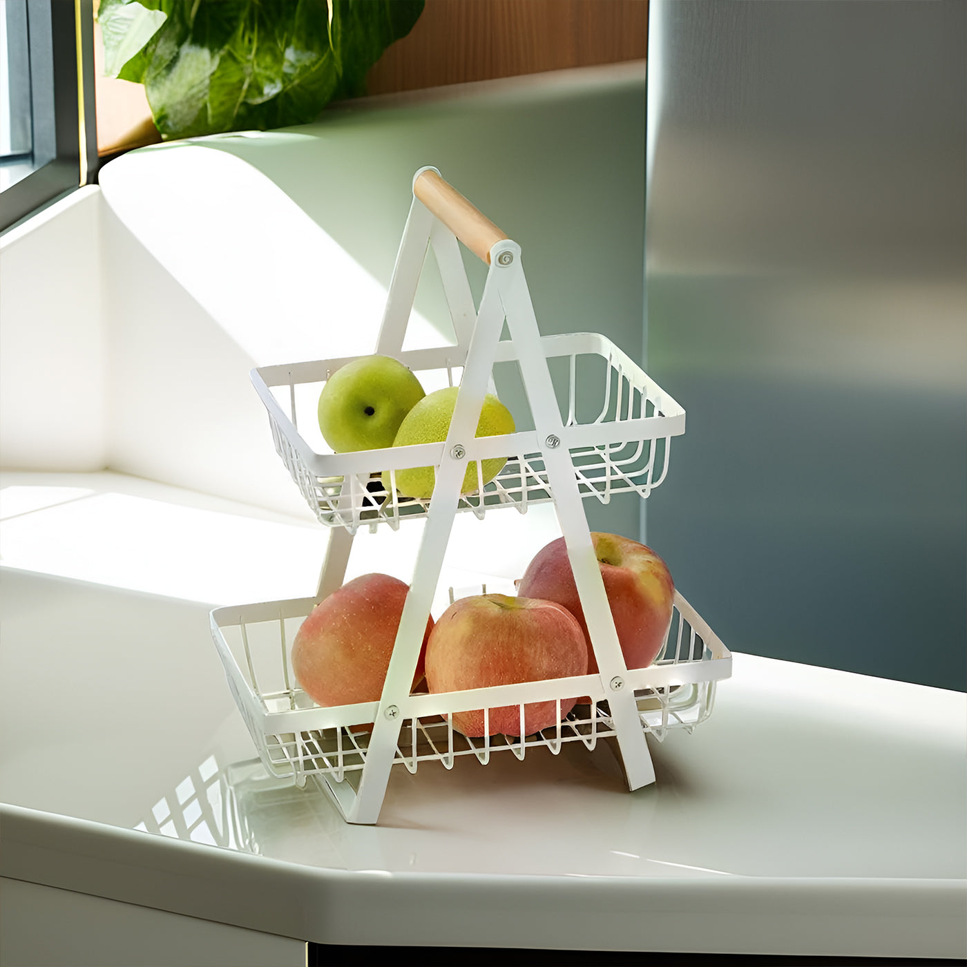 2-Tier Multifunctional Fruit Basket | Metal Fruit Holder Vegetable Basket for Kitchen Counter (White)