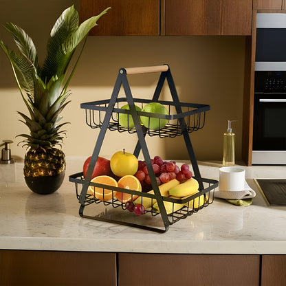 2-Tier Multifunctional Fruit Basket | Metal Fruit Holder Vegetable Basket for Kitchen Counter (Black)