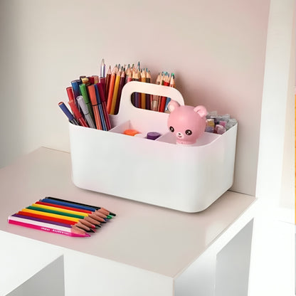 Multi-functional Plastic Desk and Bathroom Organizer 5 Compartments for Cosmetics, Pens, Pencils, and Toothpaste (White)