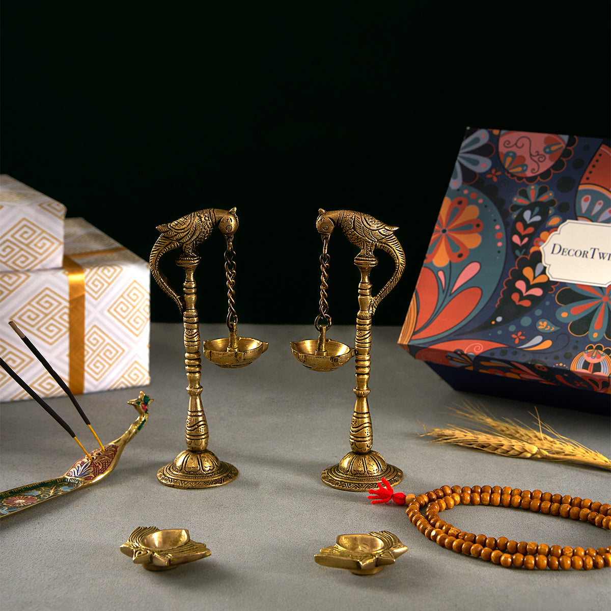 Brass Parrots Oil Lamps, Peacock Incense Stick Holder and Lotus Diya set of 2 With Gift box