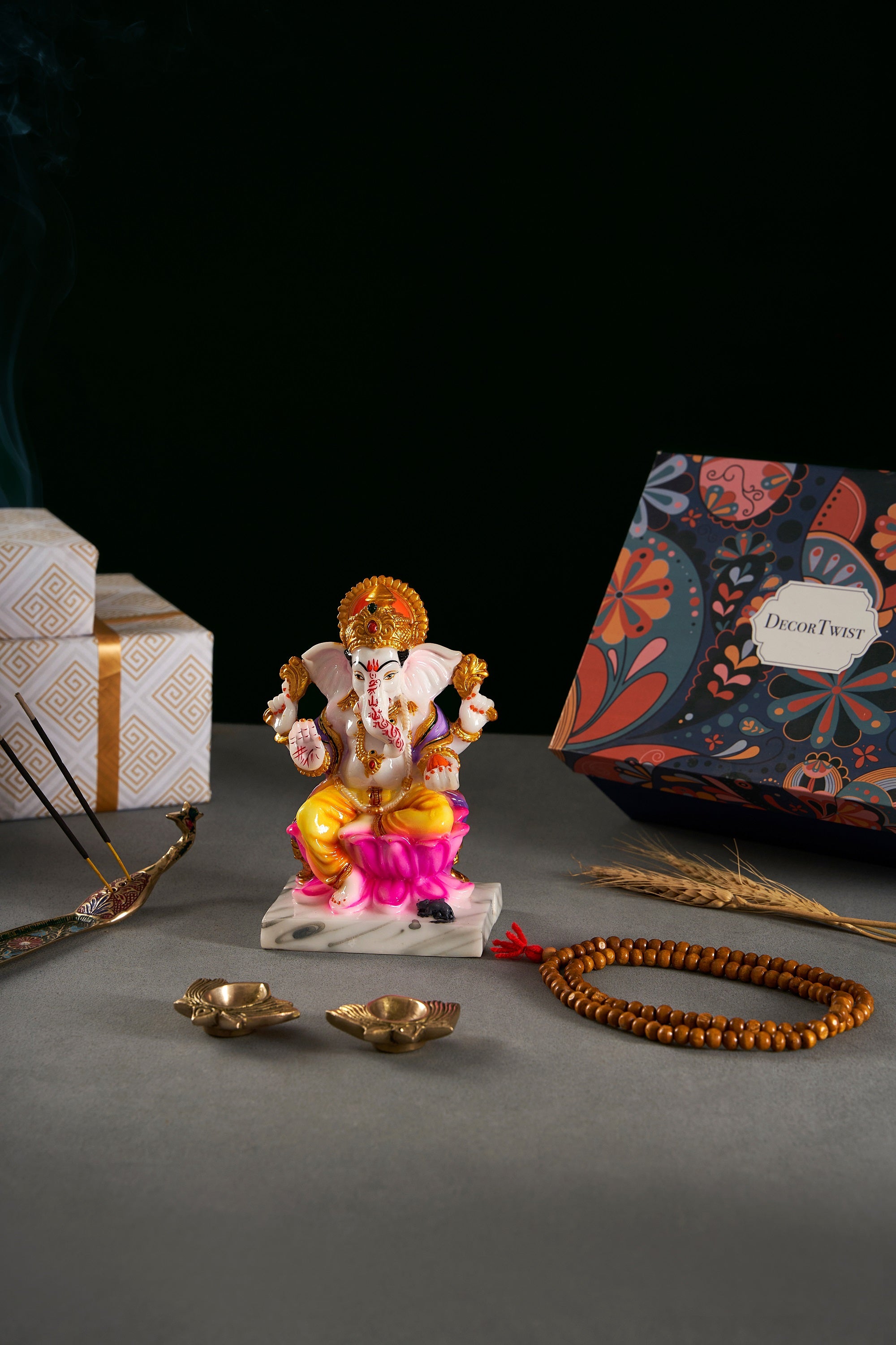 Lord Ganesha, Peacock Incense Stick Holder And Lotus Diya Set Of 2 With Gift Box
