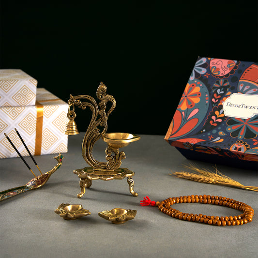 Brass Oil Peacock Diya With Bell, Peacock Incense Stick Holder And Lotus Diya Set Of 2 With Gift Box