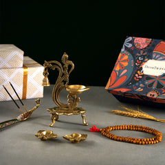 Brass Oil Peacock Diya With Bell, Peacock Incense Stick Holder And Lotus Diya Set Of 2 With Gift Box