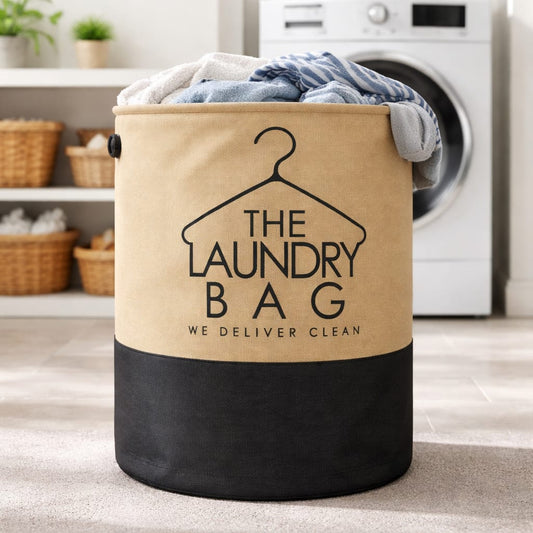 Jute Laundry Basket Large | Collapsible Laundry Hamper with Handles | Stylish Fabric Laundry Storage for Home, Bedroom & Bathroom (Beige + Black | “THE LAUNDRY BAG”)