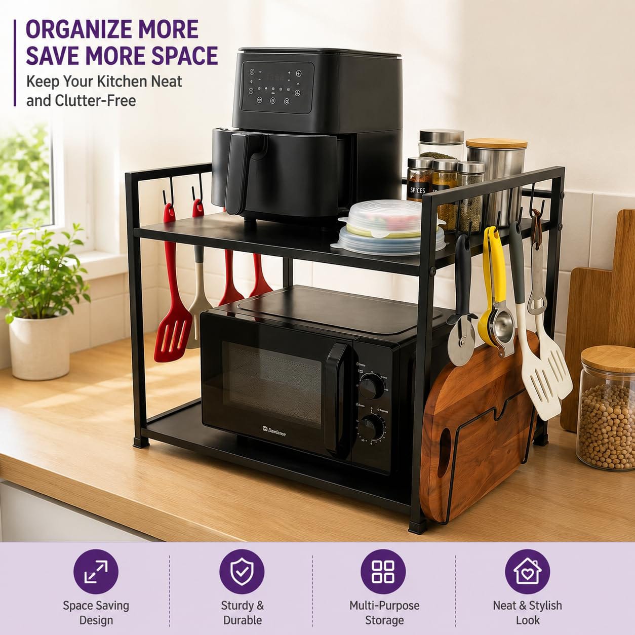 DecorTwist Microwave Stand for Kitchen Platform, Oven Stand with 8 Hooks & Chopping Board Holder, Heavy Duty Metal Storage Rack for Microwave, OTG & Air Fryer, Rust Resistant, Black