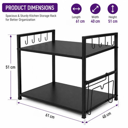DecorTwist Microwave Stand for Kitchen Platform, Oven Stand with 8 Hooks & Chopping Board Holder, Heavy Duty Metal Storage Rack for Microwave, OTG & Air Fryer, Rust Resistant, Black
