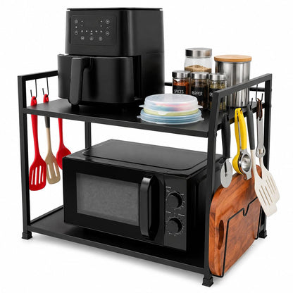 DecorTwist Microwave Stand for Kitchen Platform, Oven Stand with 8 Hooks & Chopping Board Holder, Heavy Duty Metal Storage Rack for Microwave, OTG & Air Fryer, Rust Resistant, Black