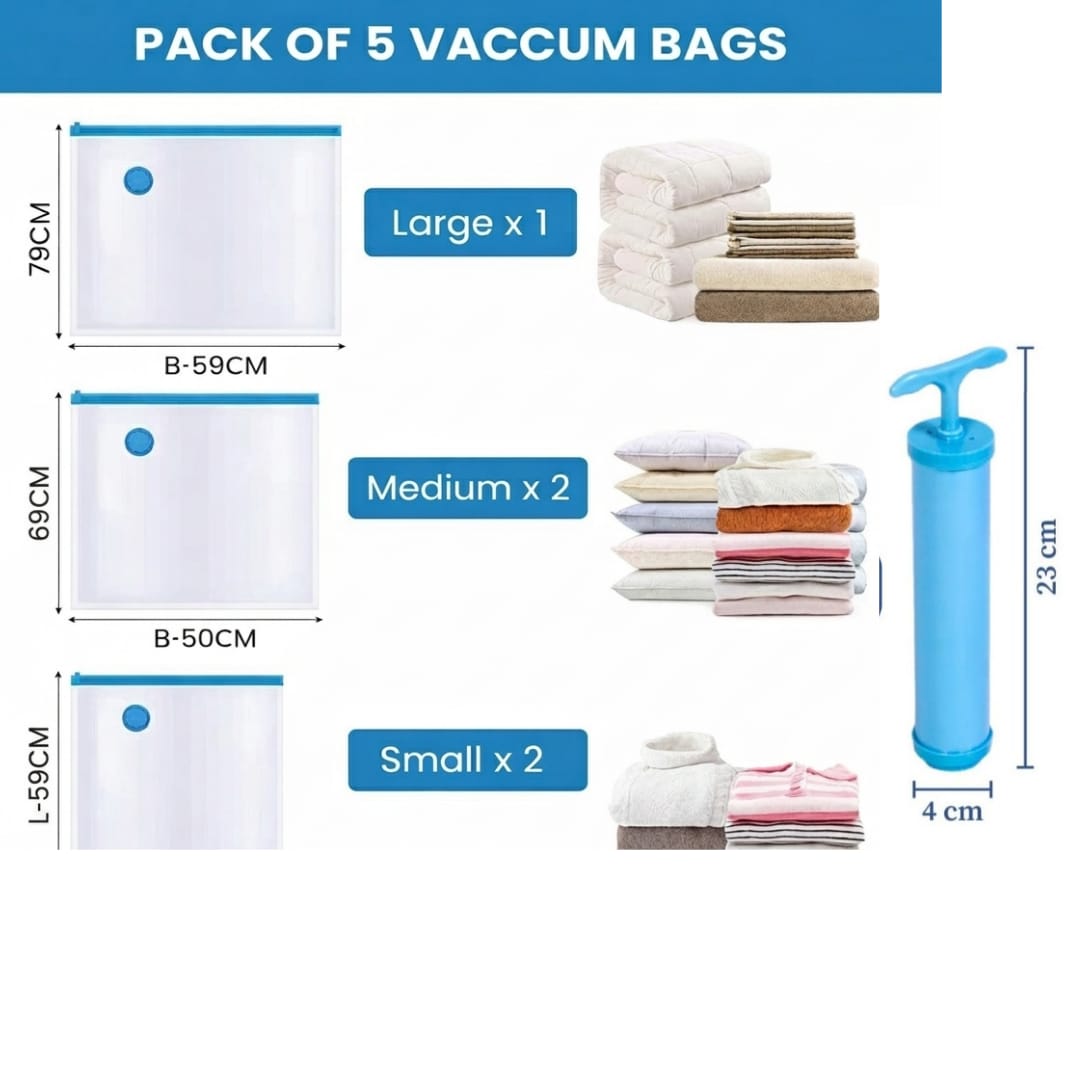 Vacuum Compression Storage Bags with Hand Pump – Space Saver Bags for Clothes, Blankets, Quilts & Travel | Heavy-Duty Double Seal | Airtight & Reusable (Set of 5 – Mixed Sizes)