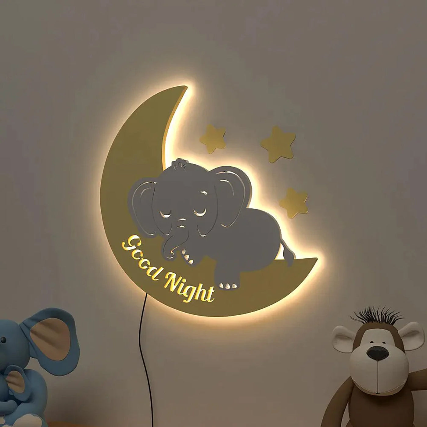 Sleeping Baby Elephent Over the Moon Wooden Wall Decorative Backlit for Kids Room Décor