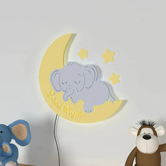 Sleeping Baby Elephent Over the Moon Wooden Wall Decorative Backlit for Kids Room Décor