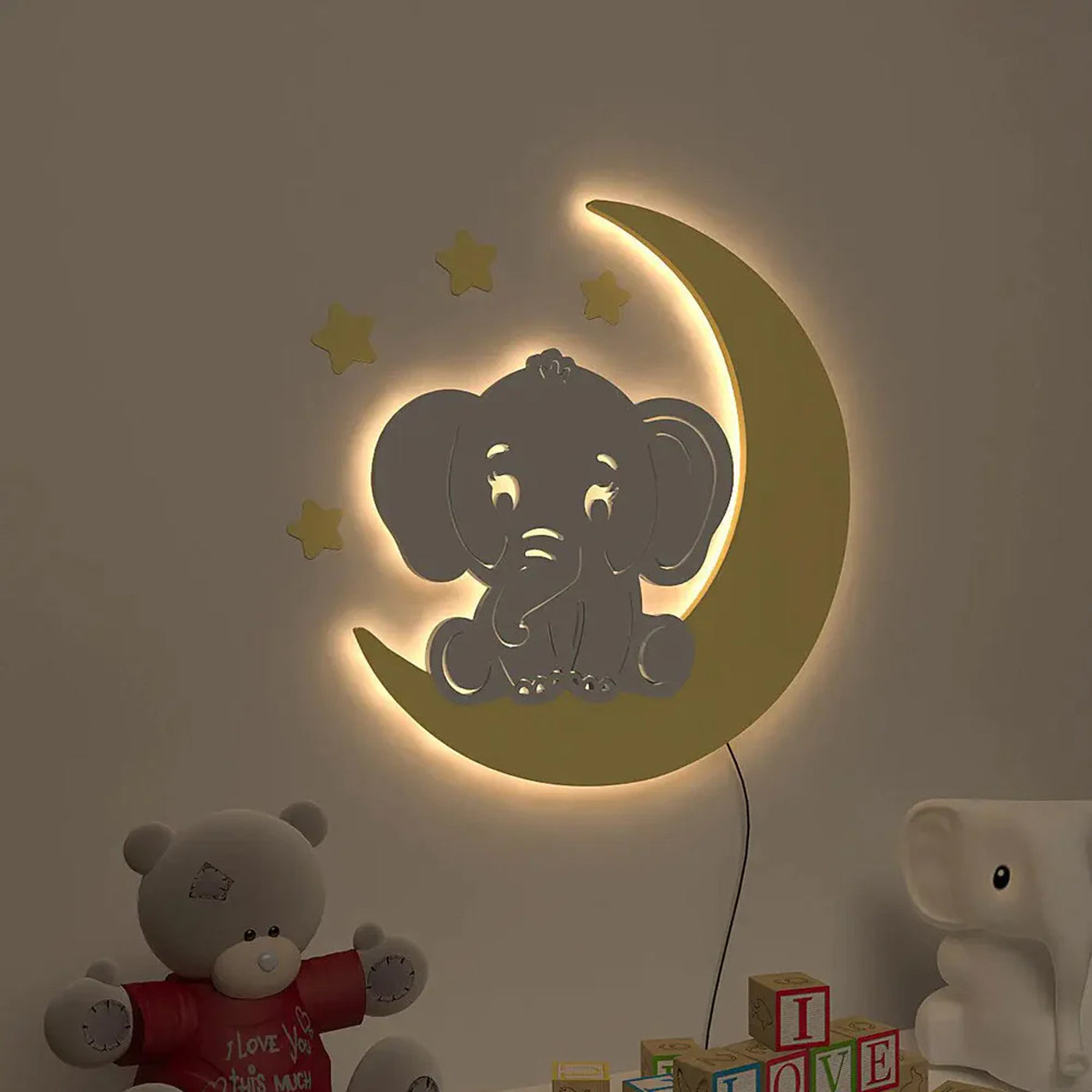 Baby Elephant on Moon Night Light Wooden wall Mounted Decorative Backlit for Kids Room Décor