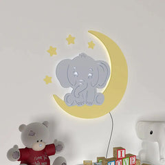 Baby Elephant on Moon Night Light Wooden wall Mounted Decorative Backlit for Kids Room Décor