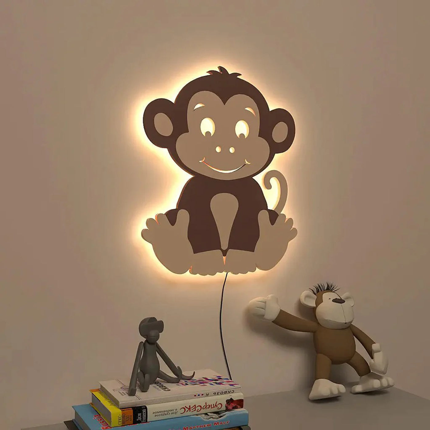 Cheerful Baby Monkey Wooden Decorative Backlit for Kids Room Décor