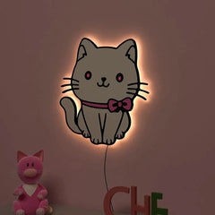 Cute Kitten Wall Lamp Wooden Creative Wall Decorative Backlit Wall Hanging Kids room décor Light for Home and Office Décor