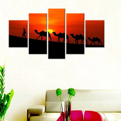 Rajasthan Sandscape: Camel Caravans in Five Panels Wall Painting