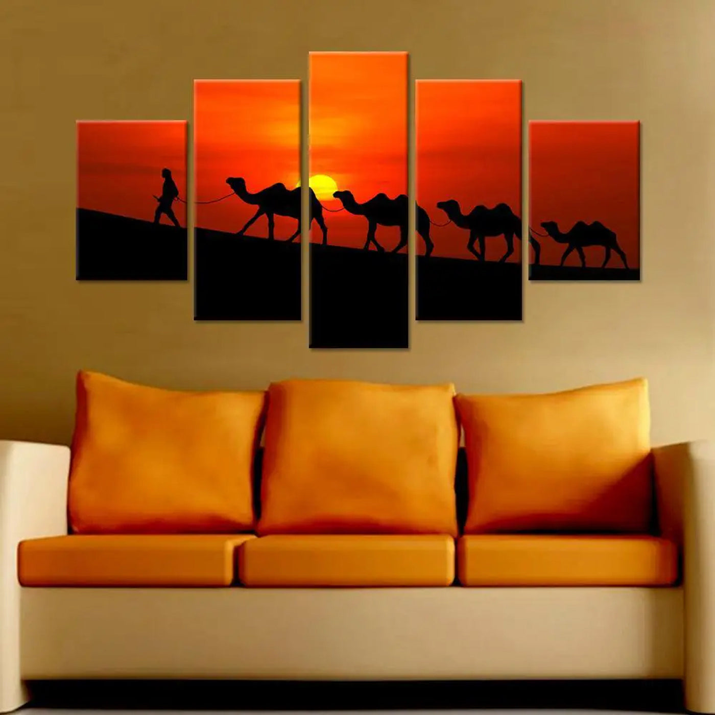 Rajasthan Sandscape: Camel Caravans in Five Panels Wall Painting