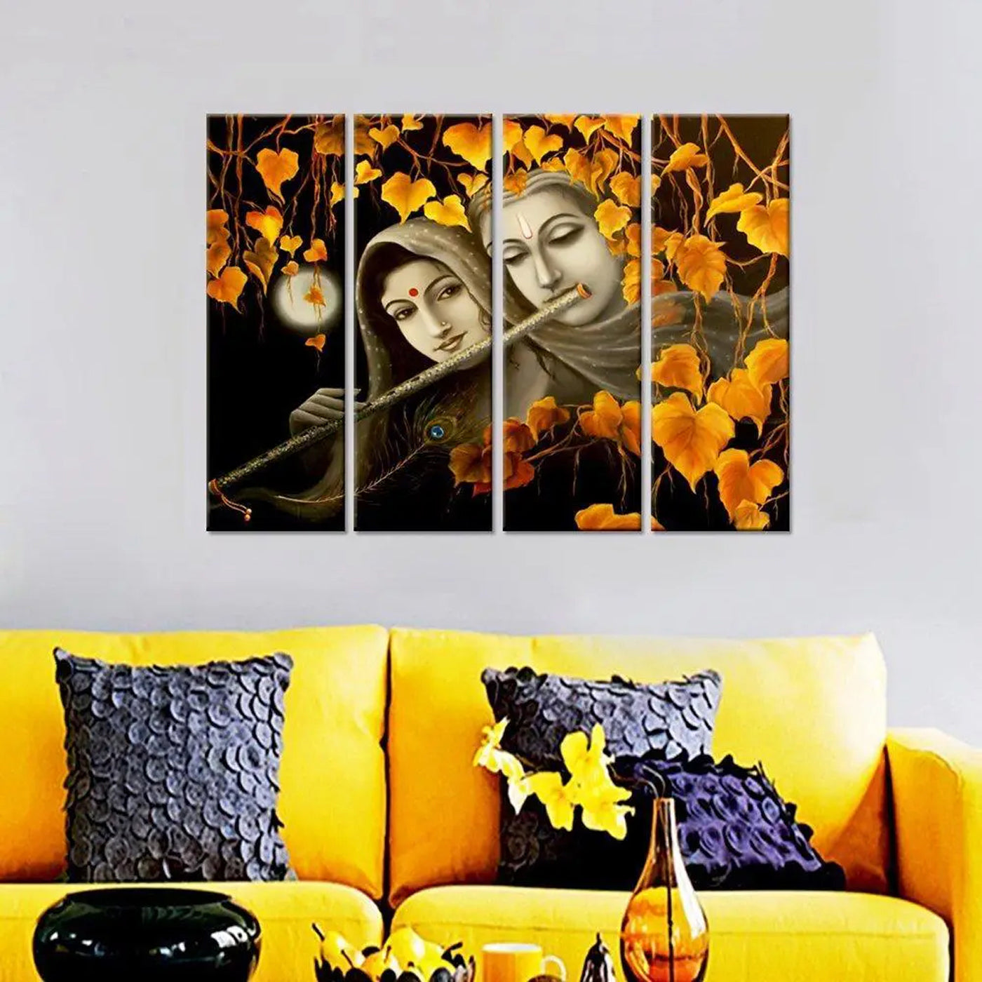 radha krishna canvas wall art | apricot and black | wall hanging