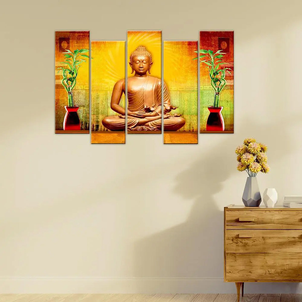 budhha painting in crimson hue | five panel canvas wall painting