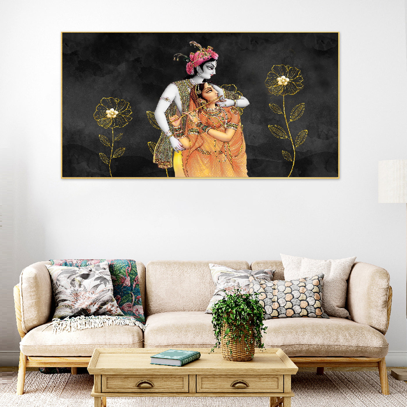 Radha Krishna Floating Frame Canvas Wall Art Painting for Home and Office Décor (48 x 24 ) Inch