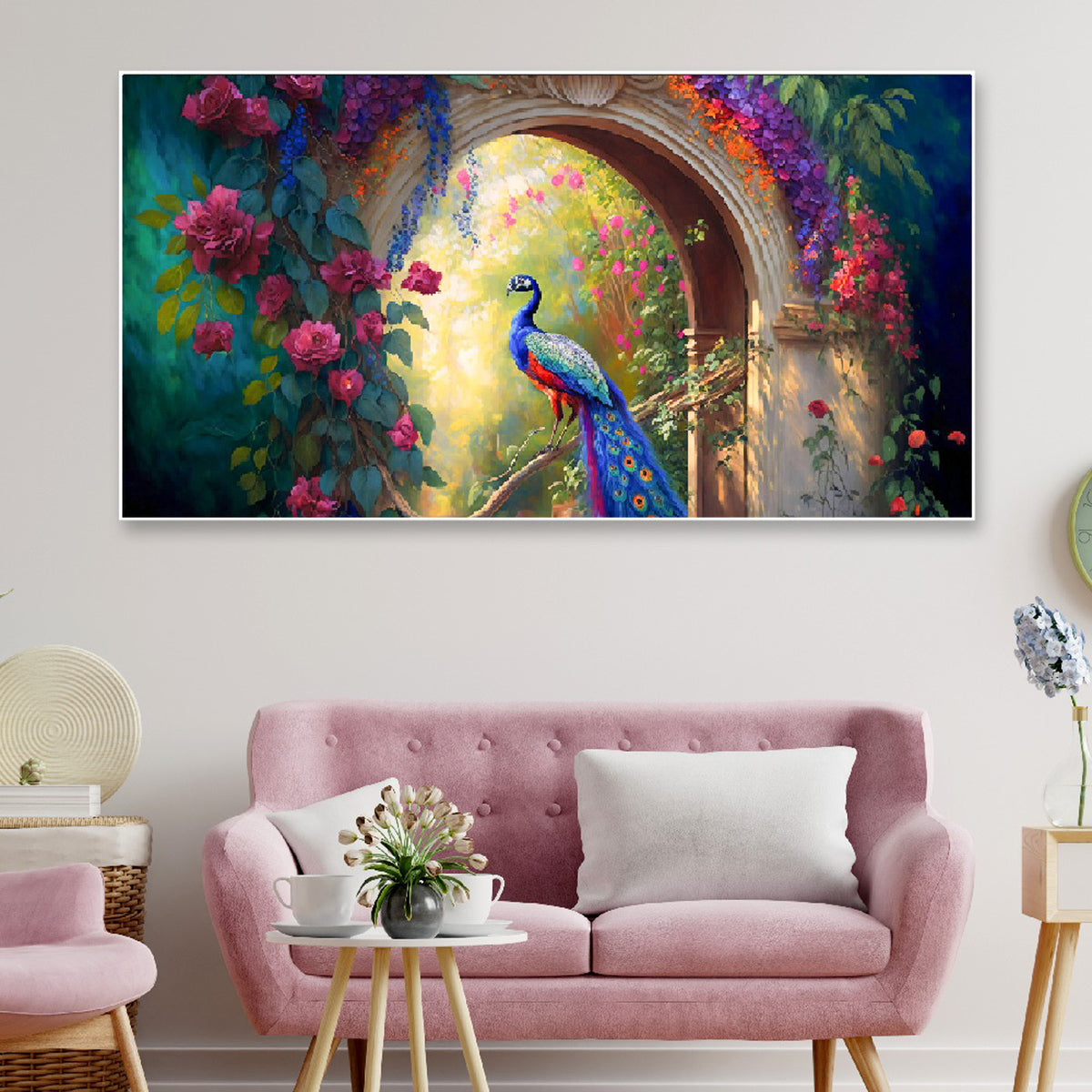 Enchanting Plumes: Floating Framed Peacock Canvas Wall Art for Home and Office Décor (48 x 24 )Inch