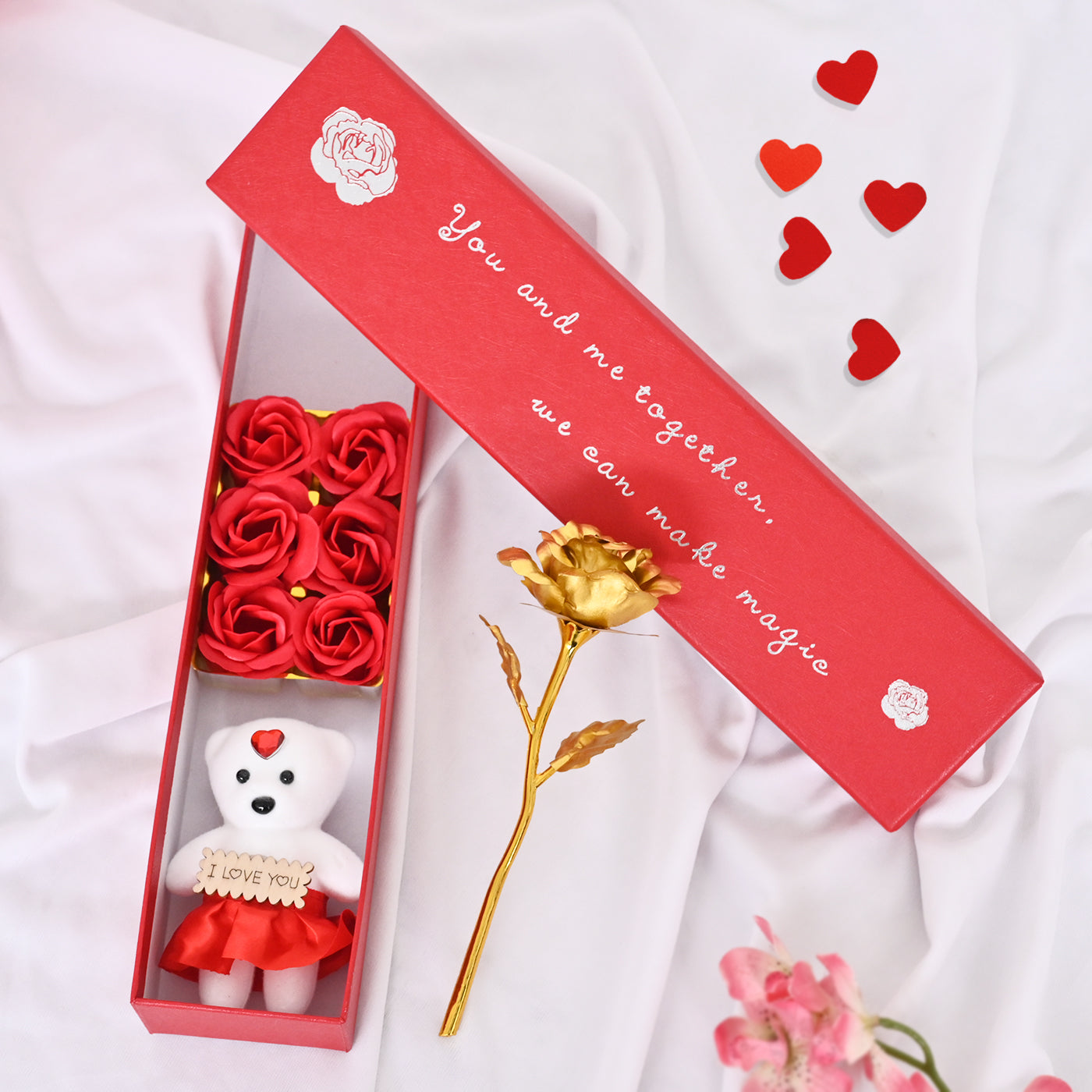 Gift Hamper Artificial Rose Flower with Teddy Gift Box