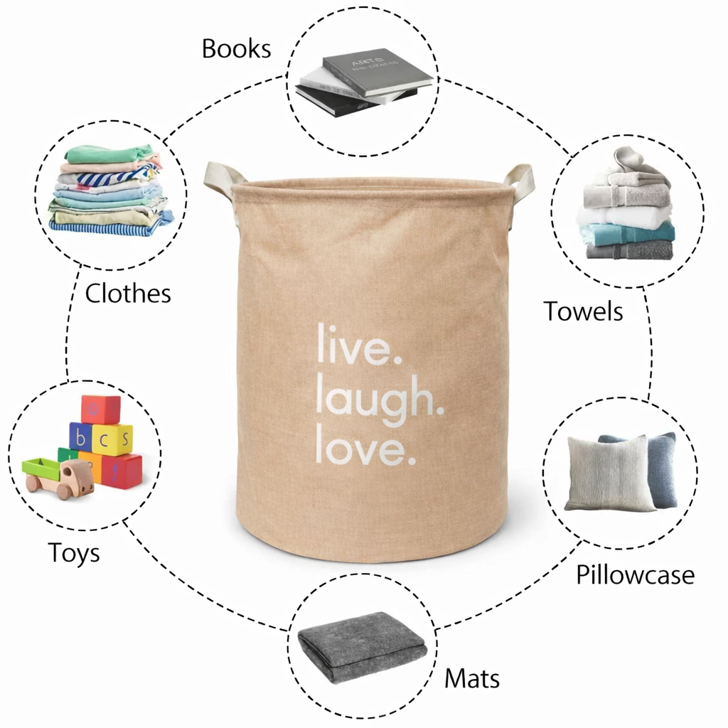 Foldable Laundry Basket for Clothes (Brown | “live laugh love”)