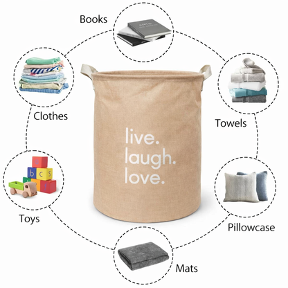 Foldable Laundry Basket for Clothes (Brown | “live laugh love”)
