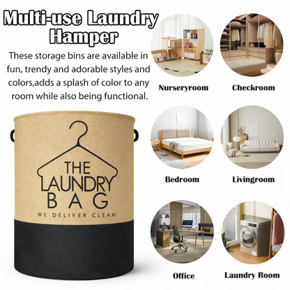Jute Laundry Basket Large | Collapsible Laundry Hamper with Handles | Stylish Fabric Laundry Storage for Home, Bedroom & Bathroom (Beige + Black | “THE LAUNDRY BAG”)