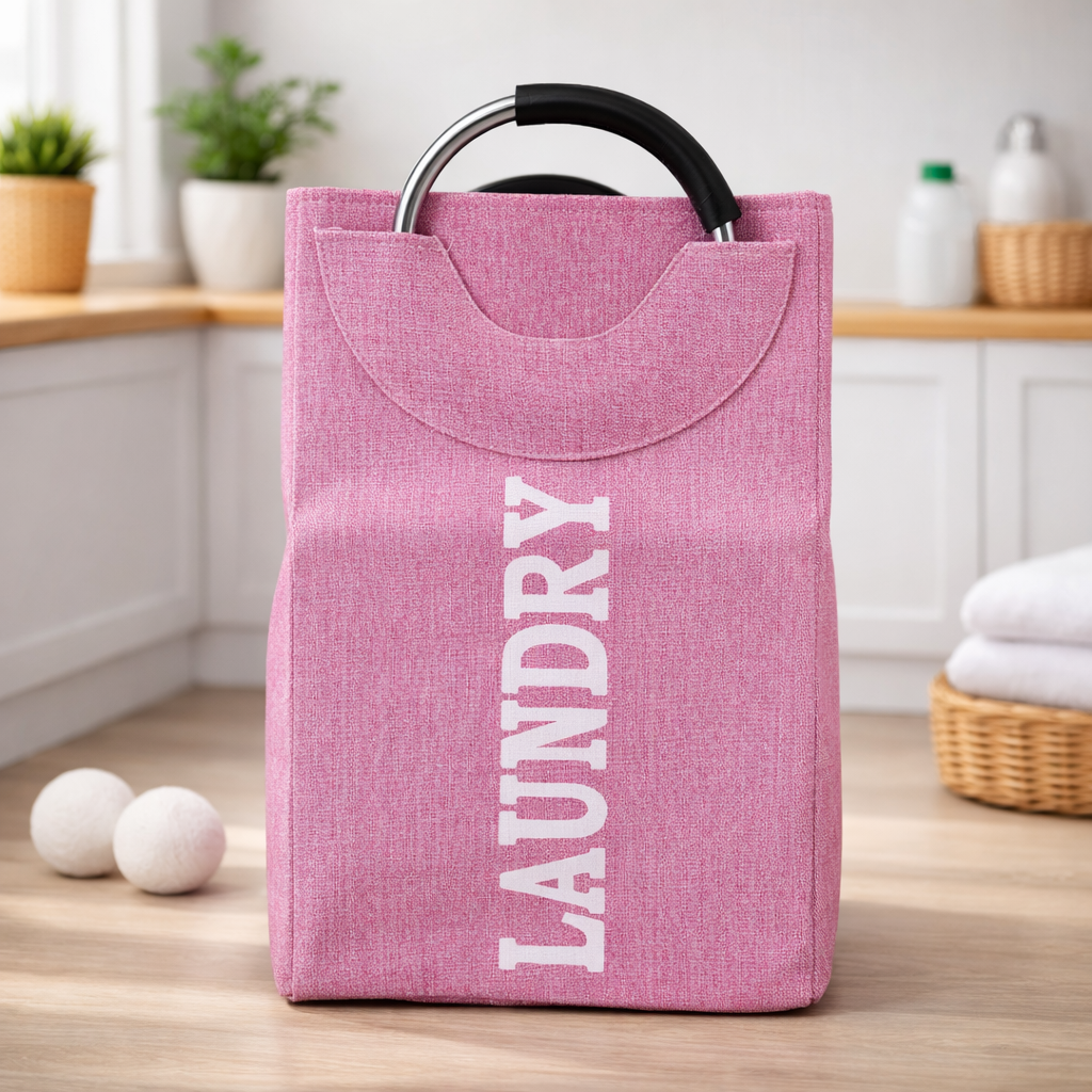 Structured Laundry Basket with Metal Handles | Large Fabric Laundry Carry Basket for Clothes, Toys & Storage (Pink | Metal Handle)
