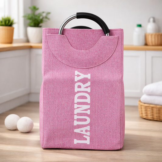 Structured Laundry Basket with Metal Handles | Large Fabric Laundry Carry Basket for Clothes, Toys & Storage (Pink | Metal Handle)