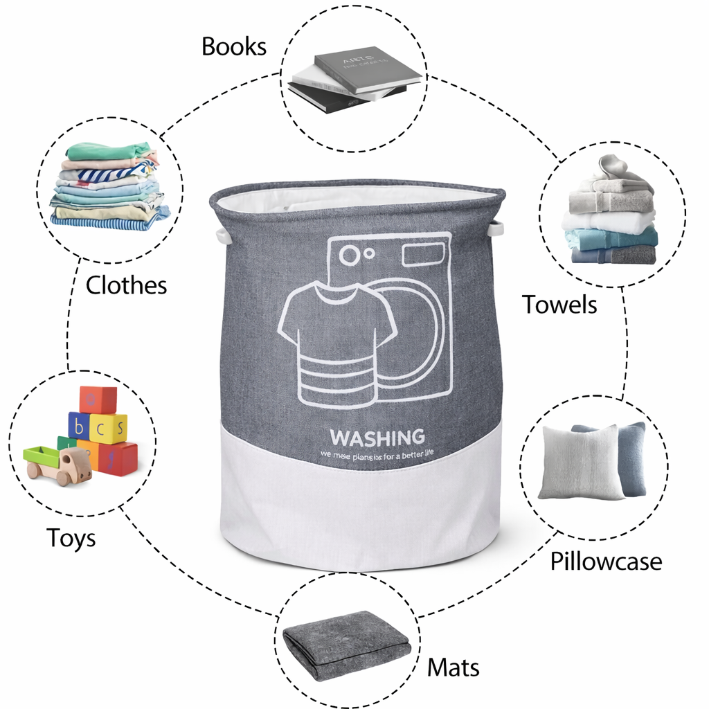 Foldable Laundry Basket for Clothes (Grey + White | Washing Graphic)