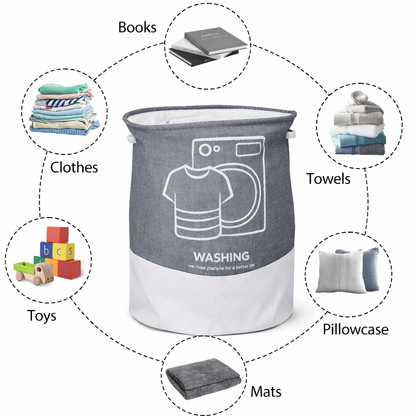 Foldable Laundry Basket for Clothes (Grey + White | Washing Graphic)