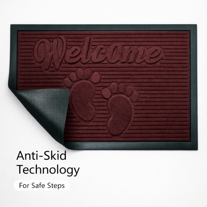 maroon doormat with 'Welcome' and footprints text, featuring anti-skid technology on a white background.