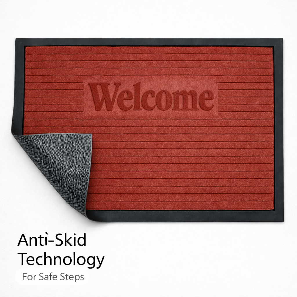 red doormat with 'Welcome' text on a white background