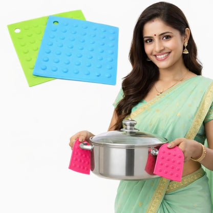 DecorTwist Multipurpose Pot Holder Dining Table Heat Protection Pads| Heat Resistant Anti-Slip Silicone Trivet Mat for Glass Table & Kitchen Countertop ( Rectangular)