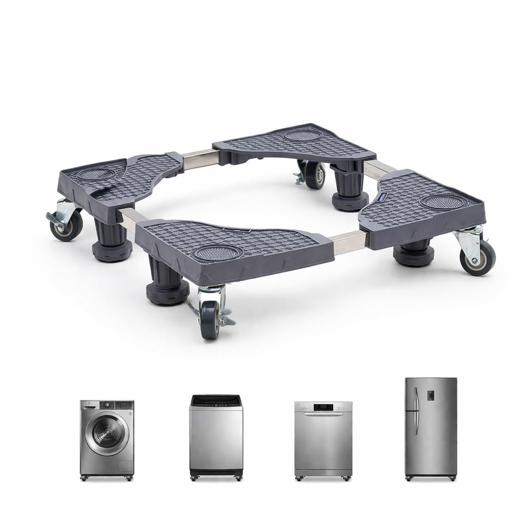 DecorTwist Washing Machine Stand with Wheels | Adjustable Fridge Stand Double Door | Anti Vibration Trolley for 6kg 7kg 8kg 10kg Machines | Heavy Duty Movable Cooler Stand | Lockable Wheels